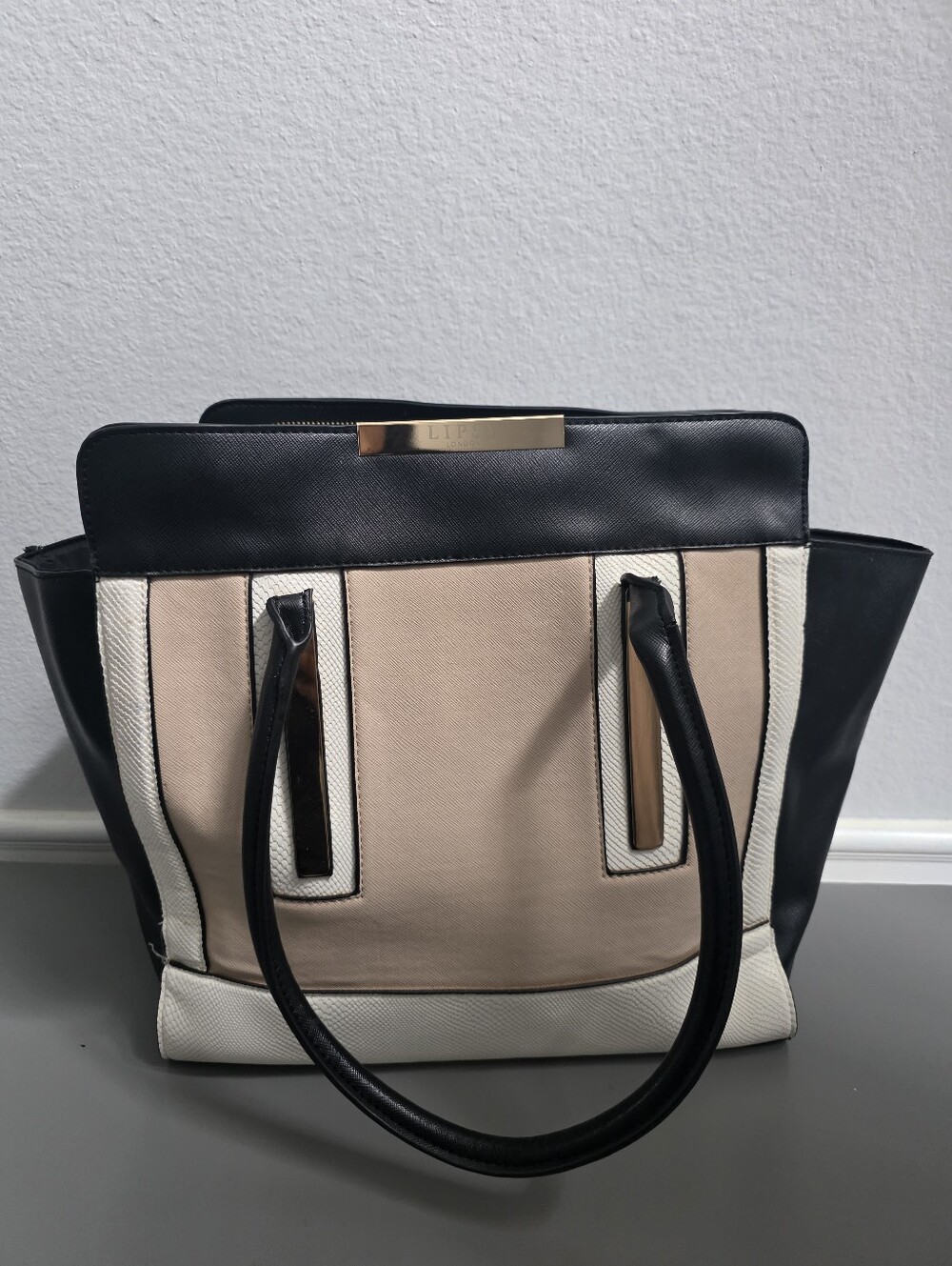 Lipsy London Colorblock Tote Bag Black Nude Cream Gold Hardware